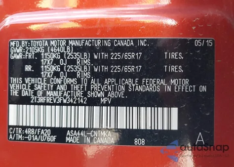 2015 Toyota Rav4 Xle from USA, damaged, VIN 2T3RFREV3FW342142